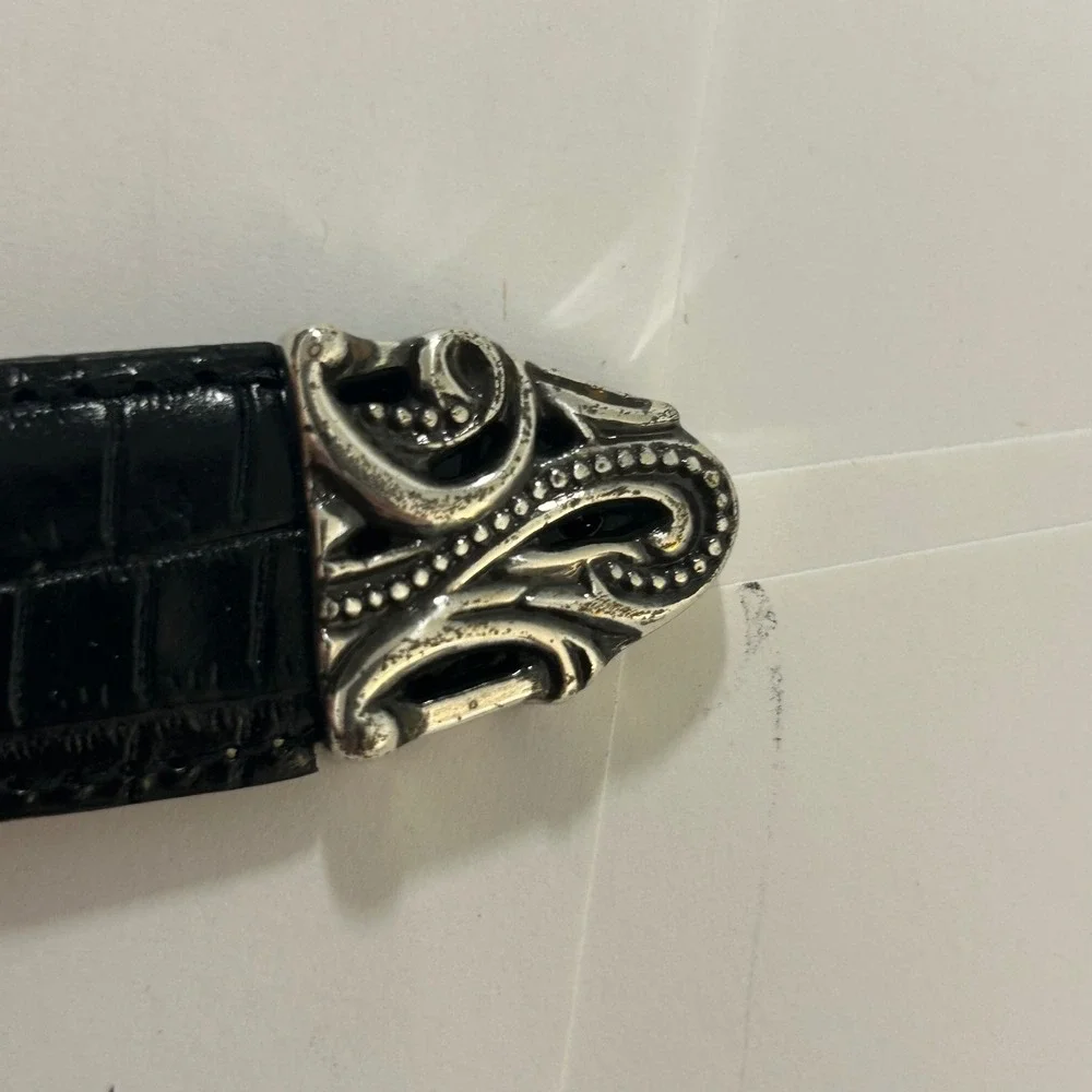 Coldwater Creek Black Croc Leather Western Belt Silver Ornate Buckle 2X 2007